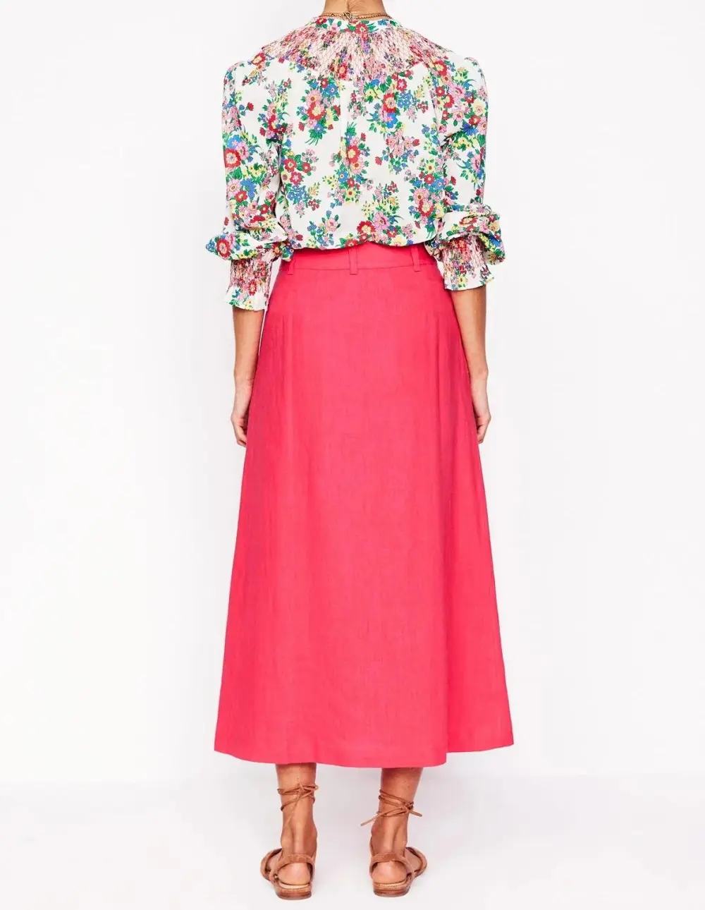 Hot Pink Button - Front Linen Midi Skirt