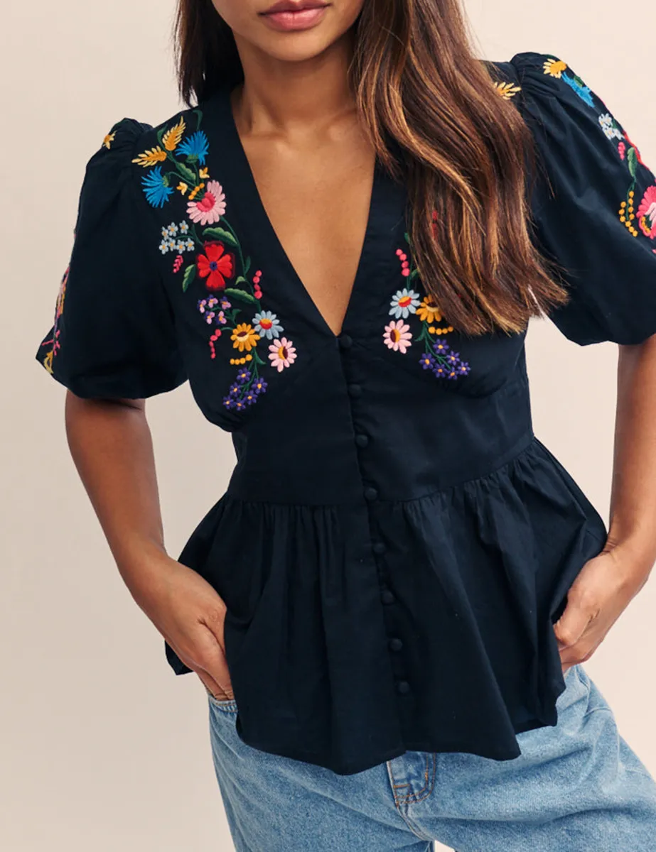Black Embroidered V-Neck Top