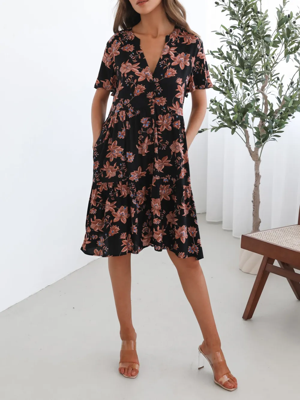 Black Floral V Neckline Dress