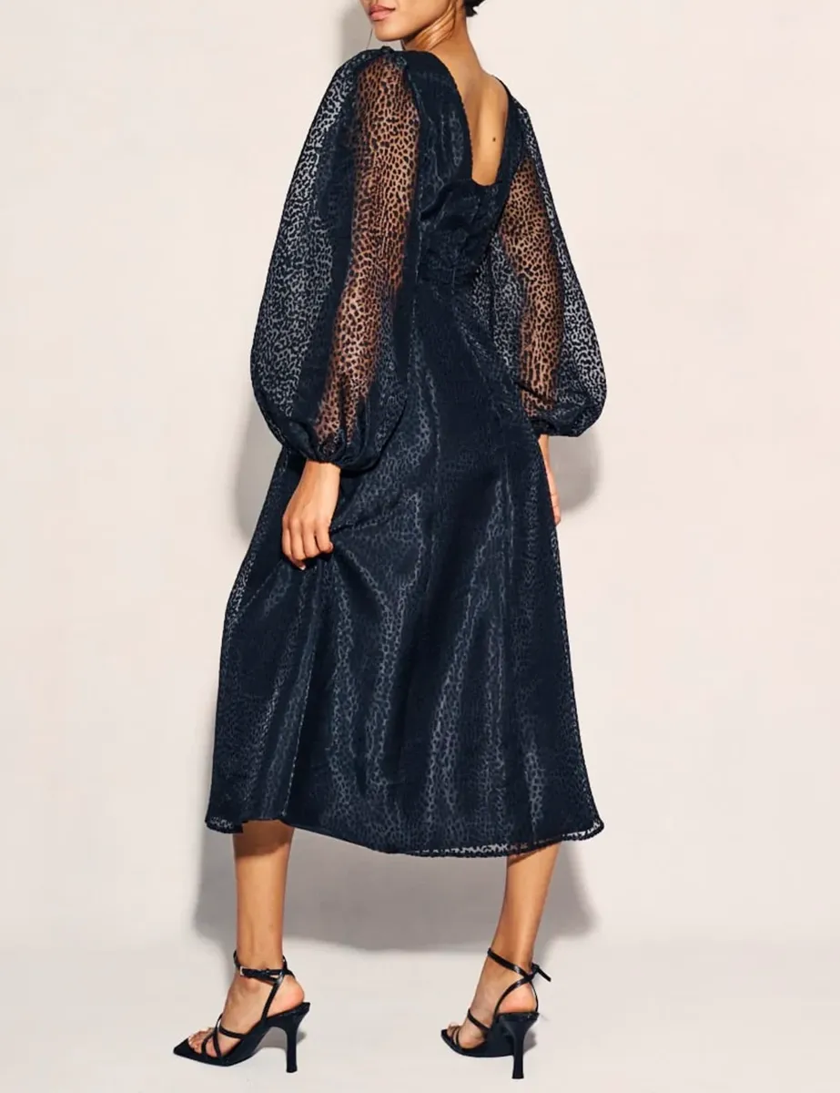 Black Organza Balloon Sleeve Midi Dress