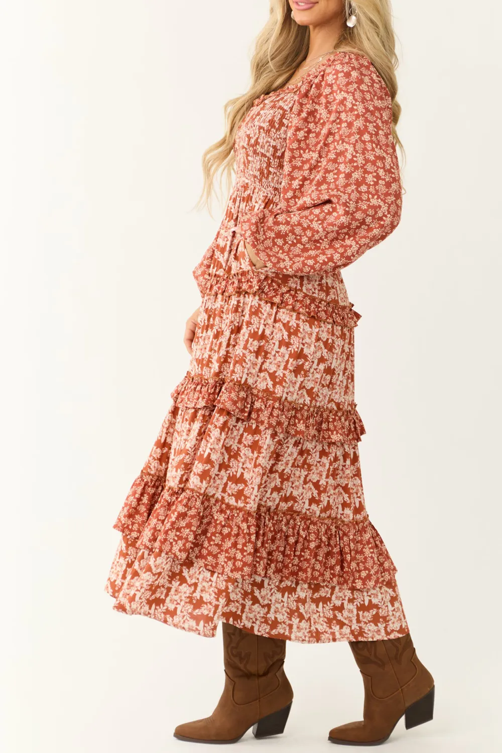 Rust Floral Print Tiered Ruffle Maxi Dress