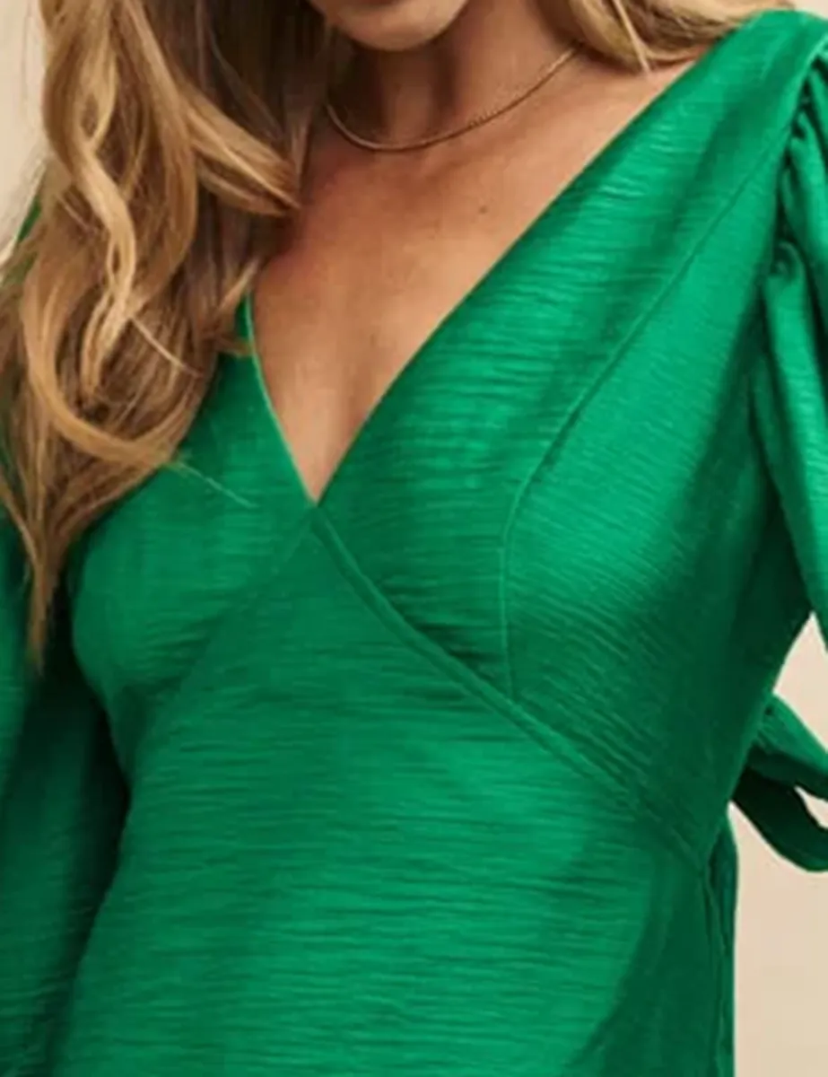 Green Textured Puff Sleeve Mini Dress