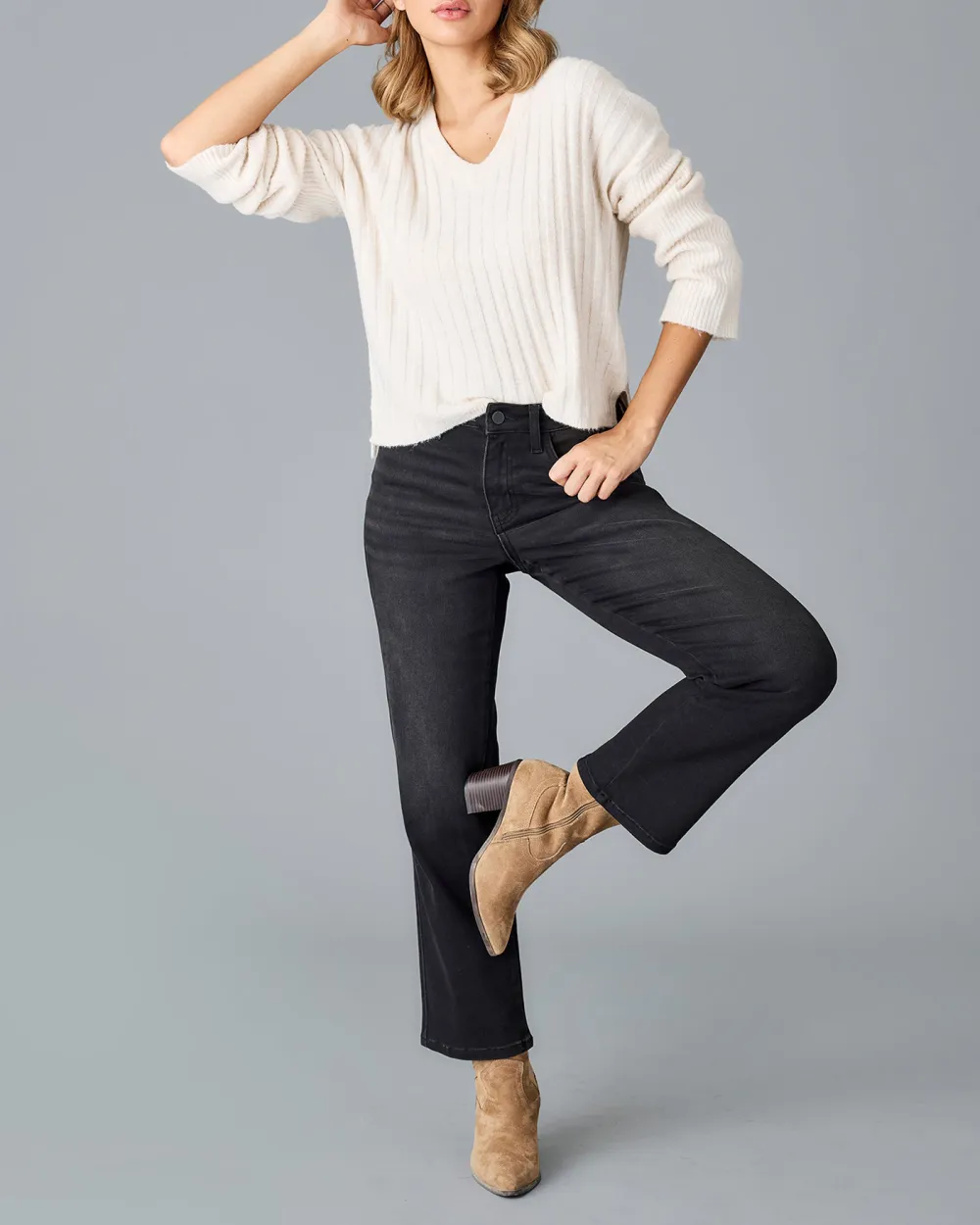 Oatmeal V-Neck Ribbed Sweater