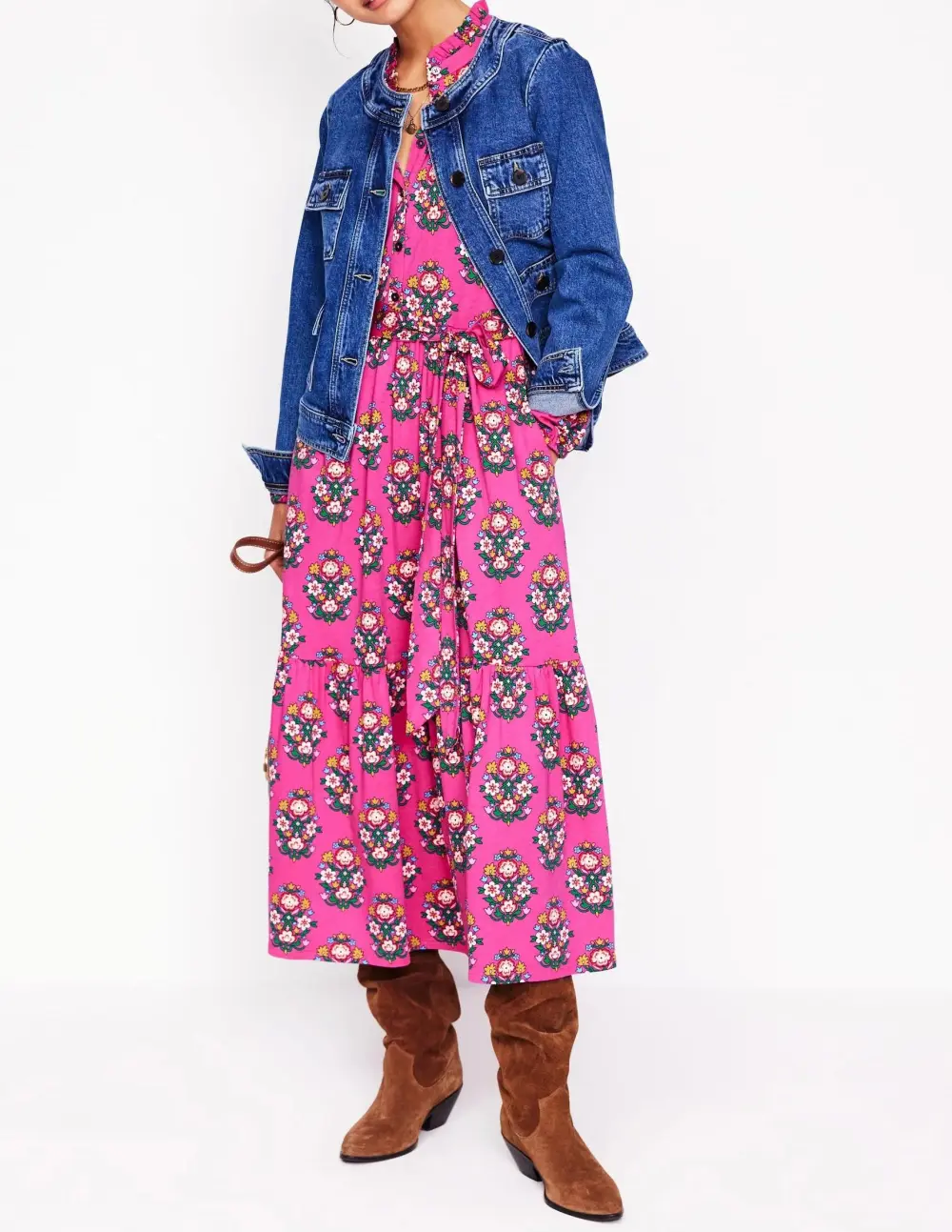 Hot Pink Floral Belted Midi Dress