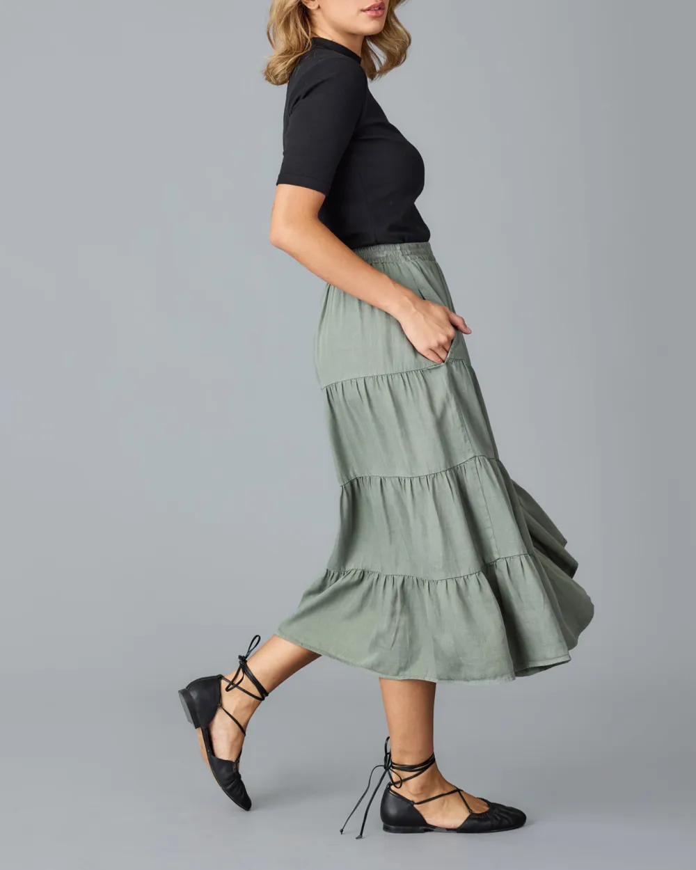 Olive Green Ruffled Midi Skirt
