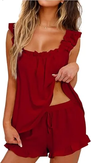 Women's 2 Piece Ruffle Pajama Set - Tank Top & Shorts