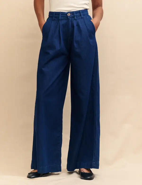 Dark Denim Double Pleat Wide Leg Jean