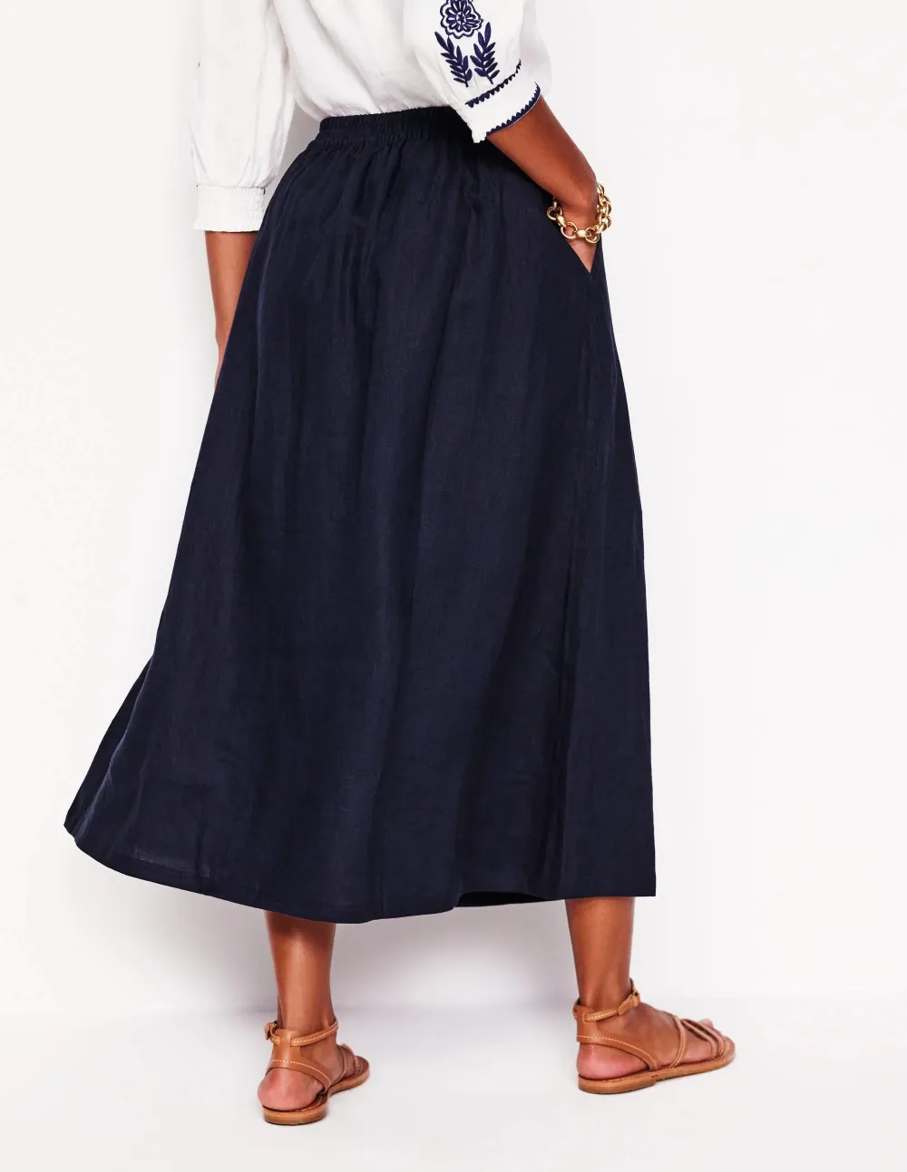 Navy Blue Verity Linen Midi Skirt