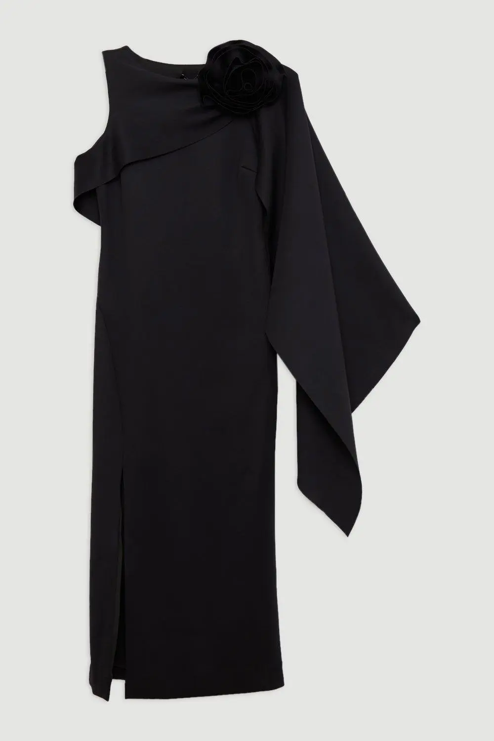 Scuba Crepe Dramatic Rosette Woven Cape Midi Dress