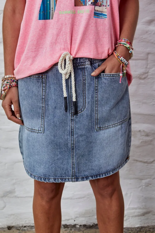 Classic Versatile Blue Drawstring Denim Skirt