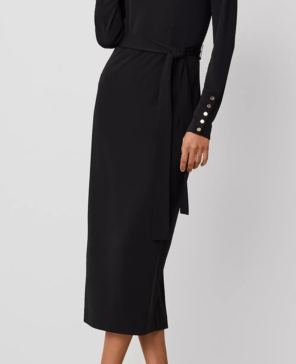 Mock Neck Belted Column Knit Midi Dress