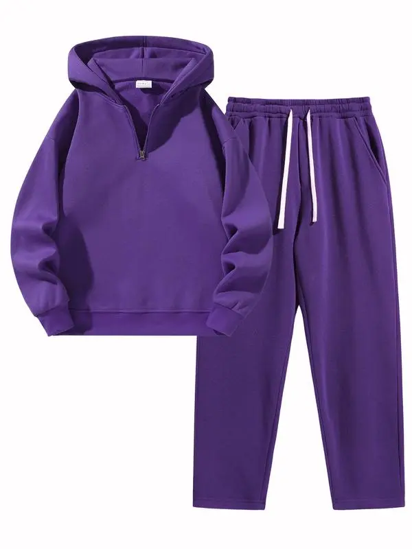 🔥Last Day Promotion 89% OFF🔥Men's Plain Drop Shoulder Sweatsuit Set - Half Zip Hoodie & Drawstring Sweatpants With Pockets