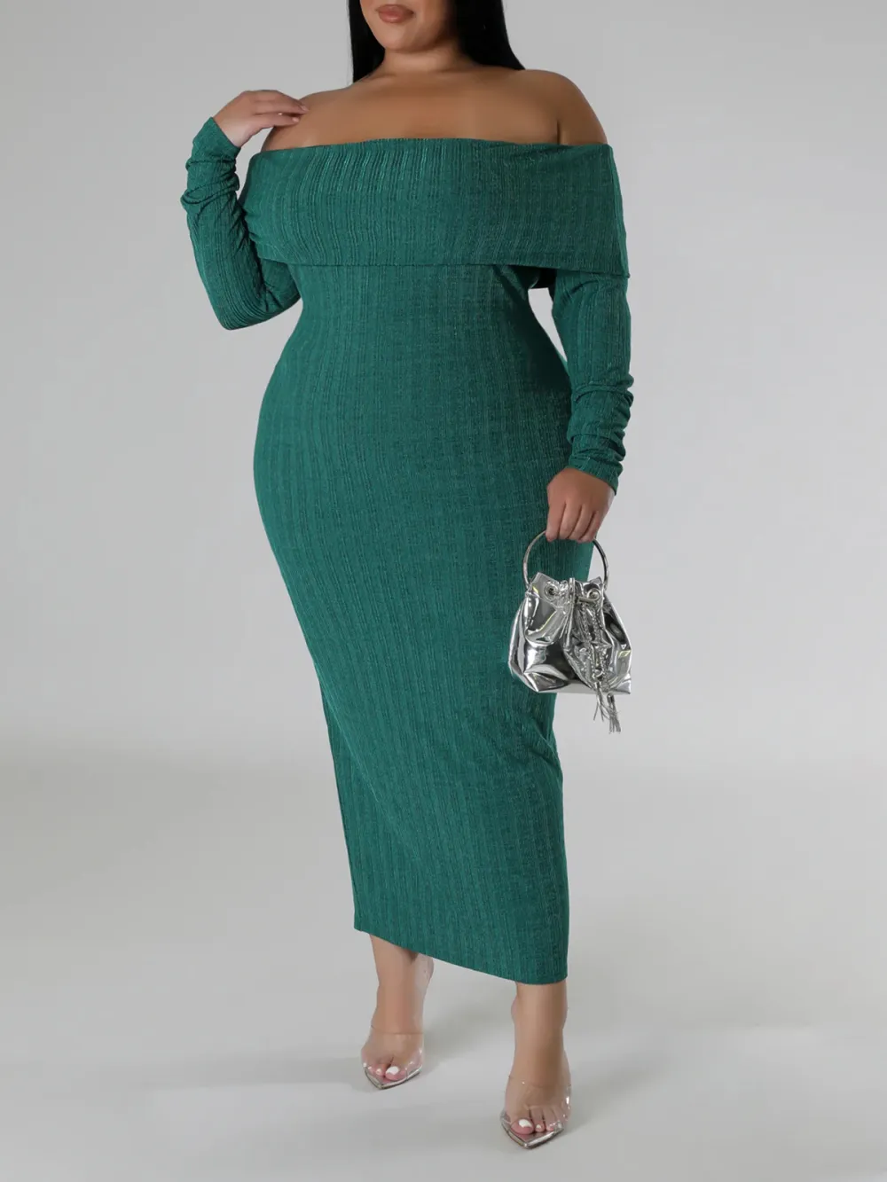 Long Sleeve Straight Neck Maxi Dress