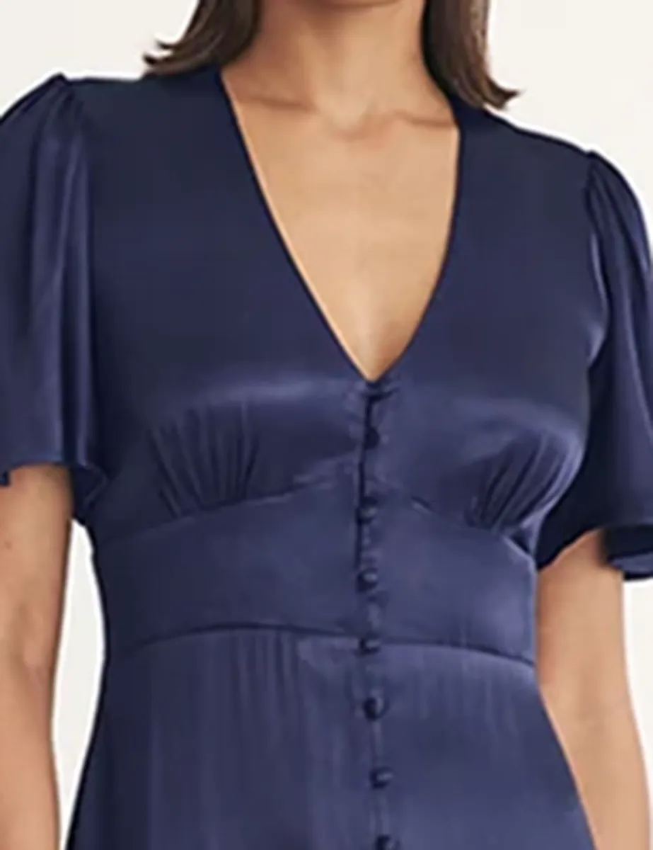 Purple Satin Button Front Midi Dress