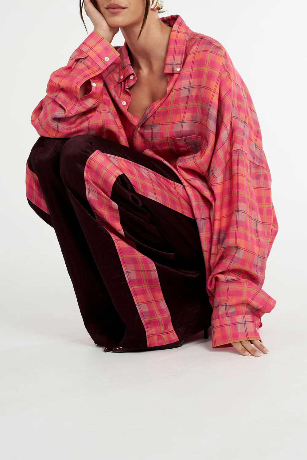 Versatile Loose Neon Plaid Long-Sleeved Shirt