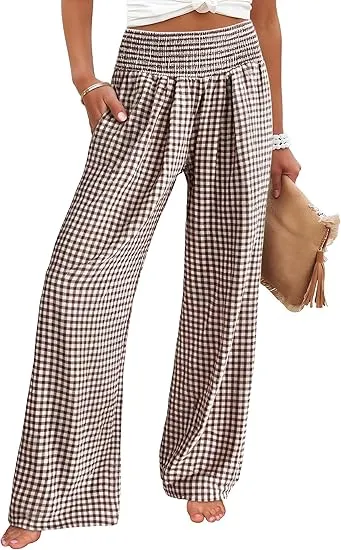 Women's High Waisted Plaid Wide Leg Pants - Lounge Pajama with Pockets