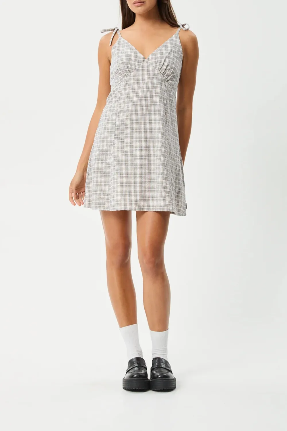 White Simple Plaid V-Neck Mini Dresses