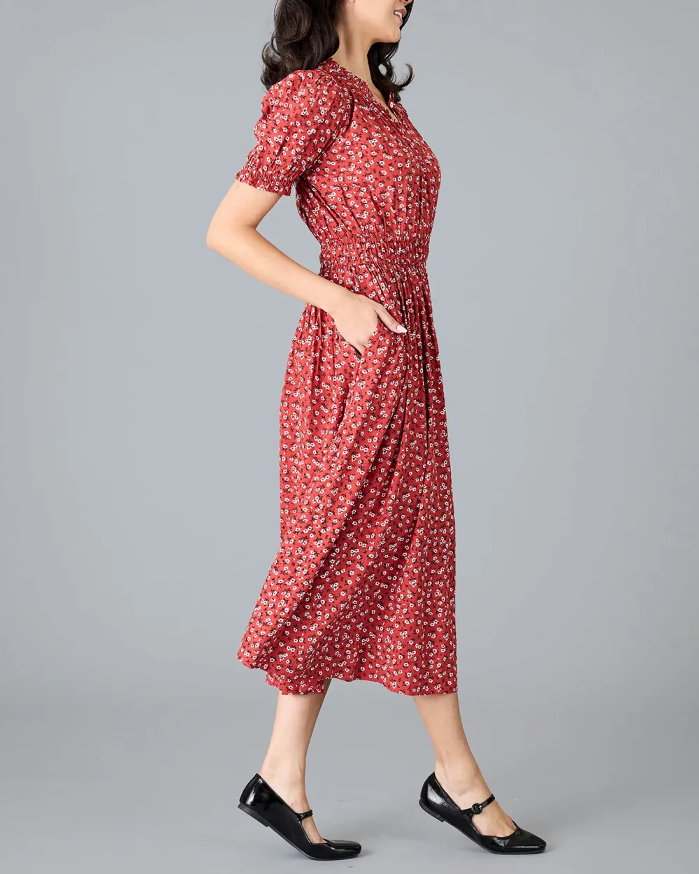 Red Mini Floral Print Midi Dress