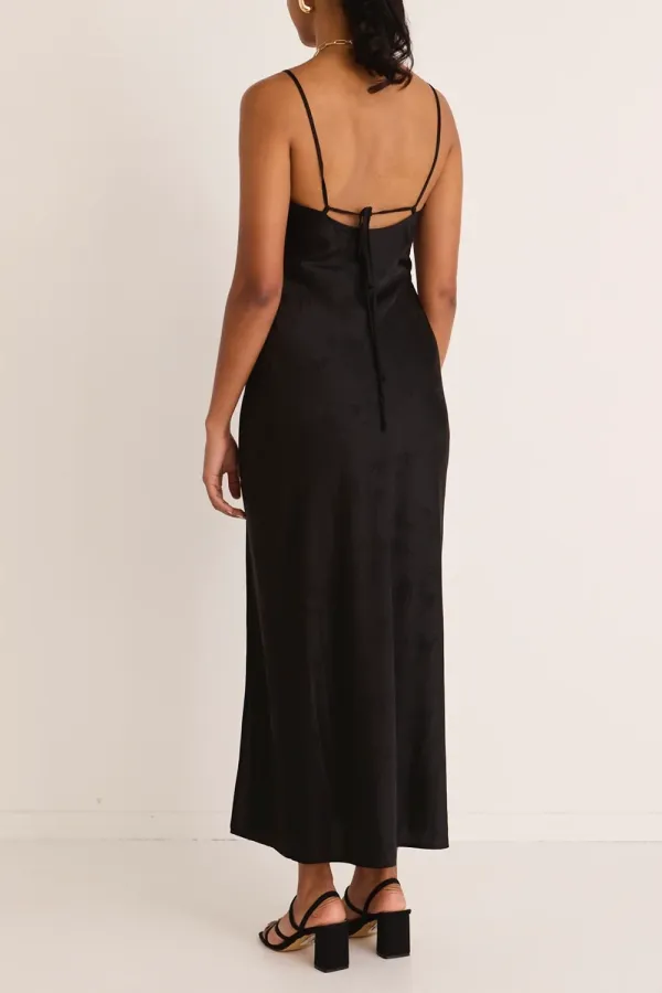 Black Jacquard Satin Strappy Bias Midi Dress