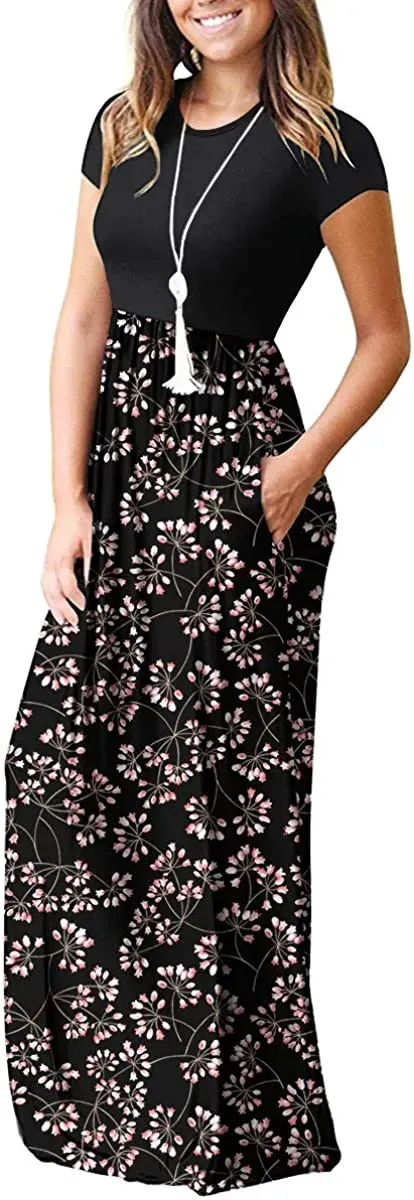 Women's Short Sleeve Loose Plain Maxi Dresses Casual Long Dresses with Pockets