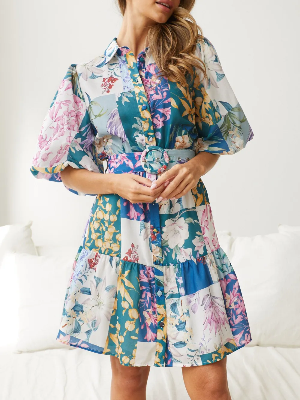 Short Balloon Sleeves Navy Print Dress