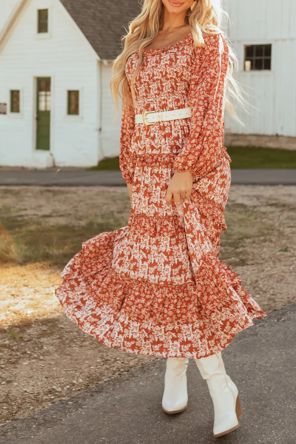 Rust Floral Print Tiered Ruffle Maxi Dress