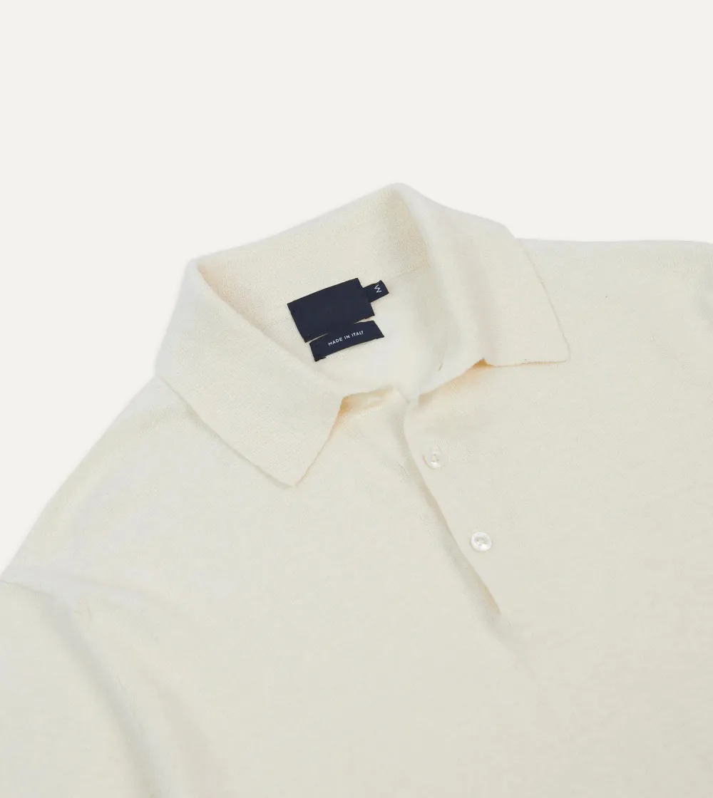 Ecru Knitted Crepe Cotton Short-Sleeve Polo Shirt Daily