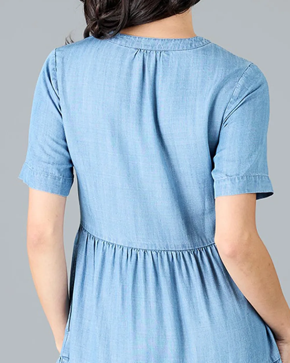 Medium Blue Wash Button Down Ruffled Dress