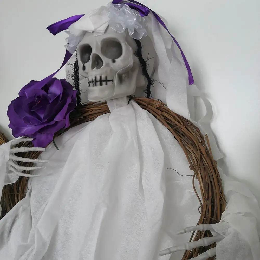 90cm Halloween Hanging Skull Black White Rattan Wreath Haunted House Props Horror Party Halloween Decoration Home Outdoor 2022