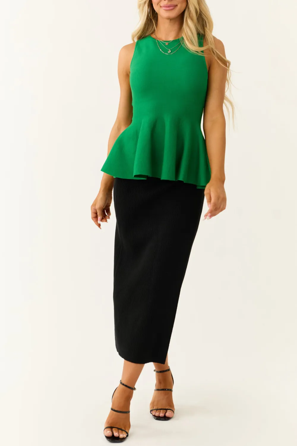 Green Peplum Ribbed Knit Tank Top