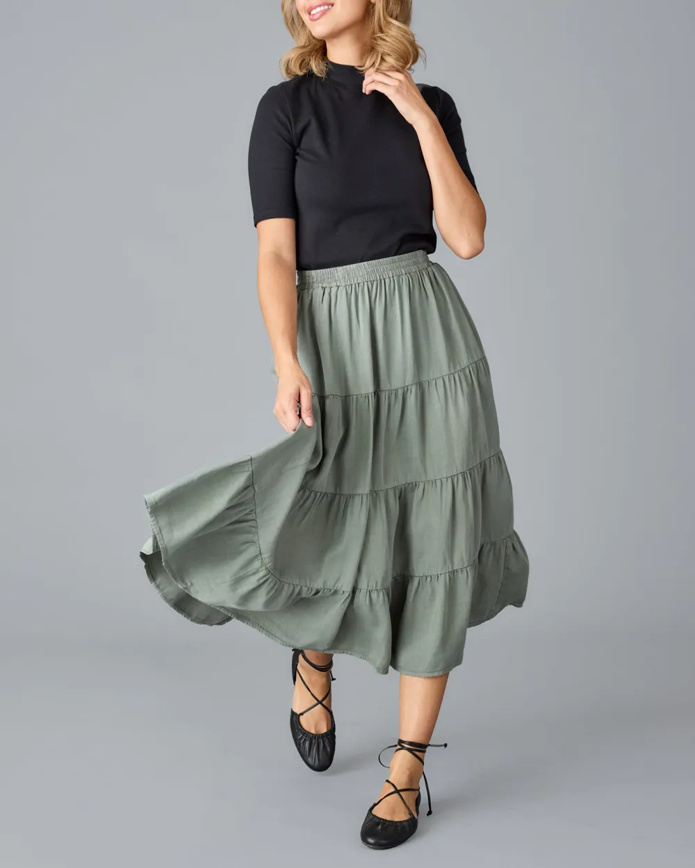 Olive Green Ruffled Midi Skirt