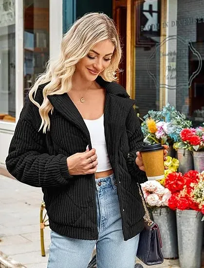 Women's Bomber Jacket Corduroy Ribbed Quilted Zip Up Long Sleeve Winter Coat