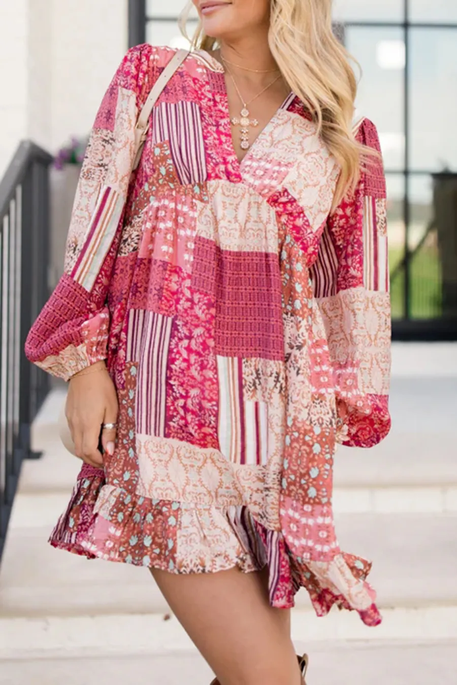 Patchwork Print Split V Baby Doll Dress