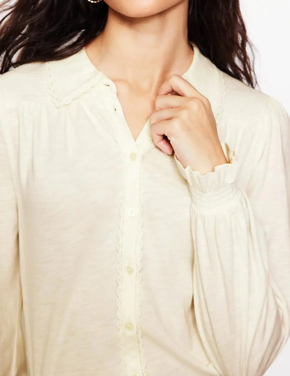 Ivory Ruffled - Collar Long - Sleeve Blouse