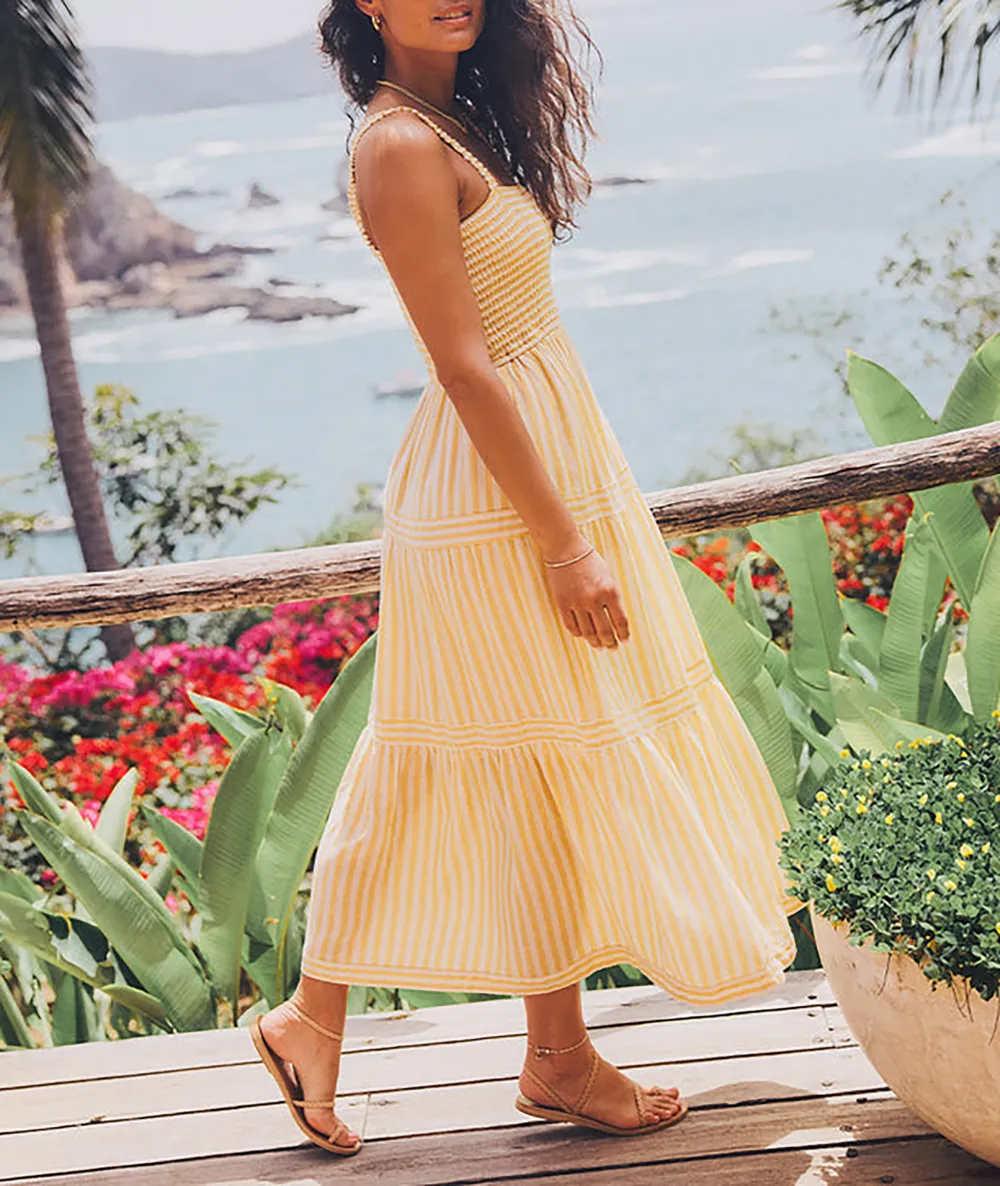 Yellow Striped Tiered Midi Dress