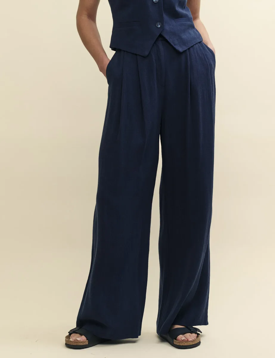 Navy Linen-blend Relaxed Tailored Trousers