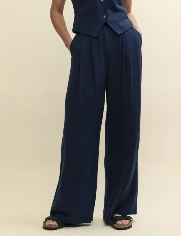 Navy Linen-blend Relaxed Tailored Trousers