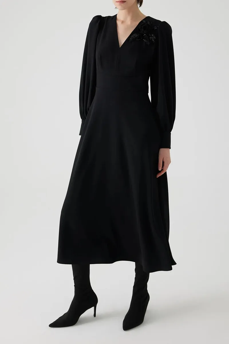 Black Puff Sleeve V-Neck Midi Dresses
