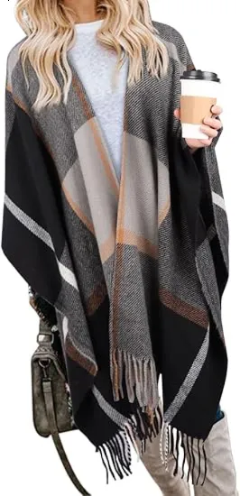 🎁Christmas Gifts🎁Women's Warm Plaid Poncho - Boho Open Front Shawl Wrap with Tassel
