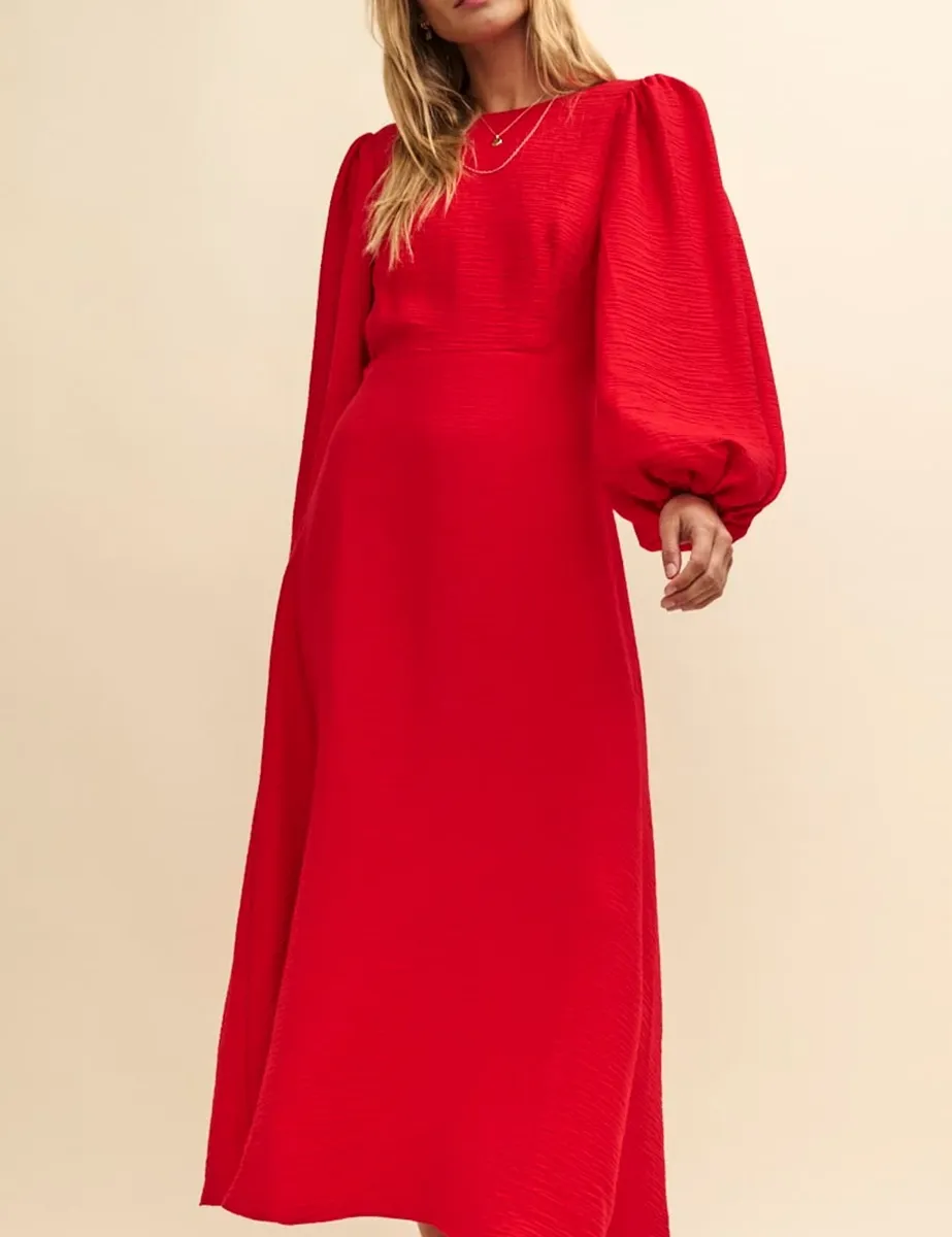 Red Linen-blend Beckless Balloon Sleeve Midi Dress