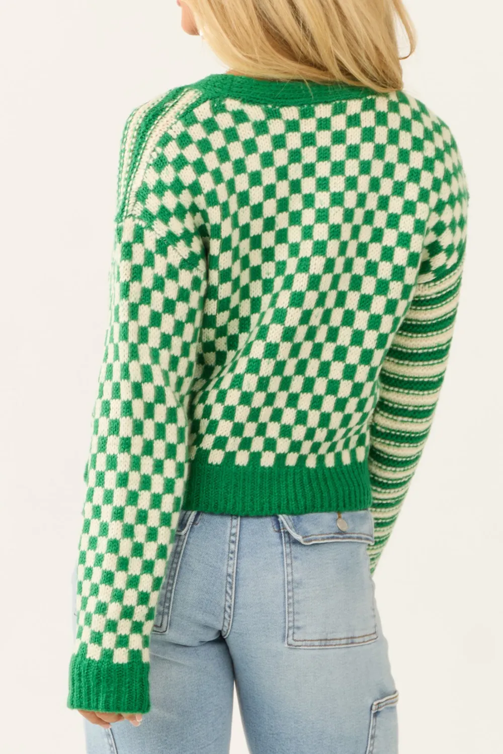 Jade and Cream Checkered and Stripe Print Cardigan