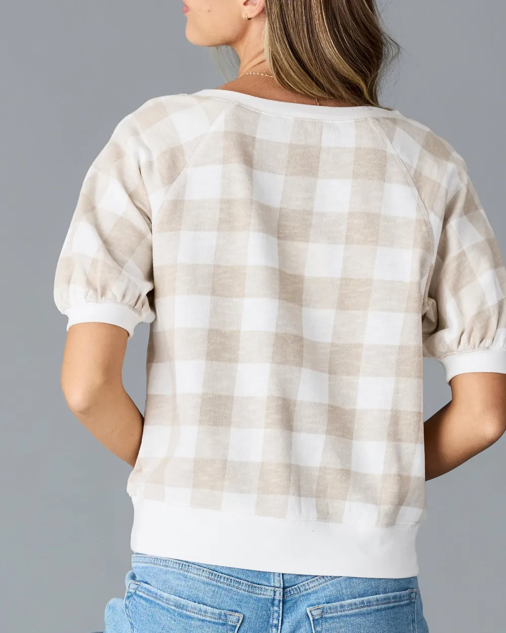 Cream Colored Checkered Short Sleeve Sweater