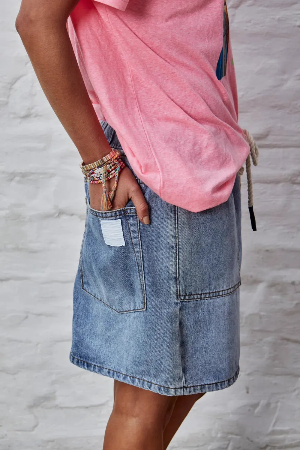 Classic Versatile Blue Drawstring Denim Skirt