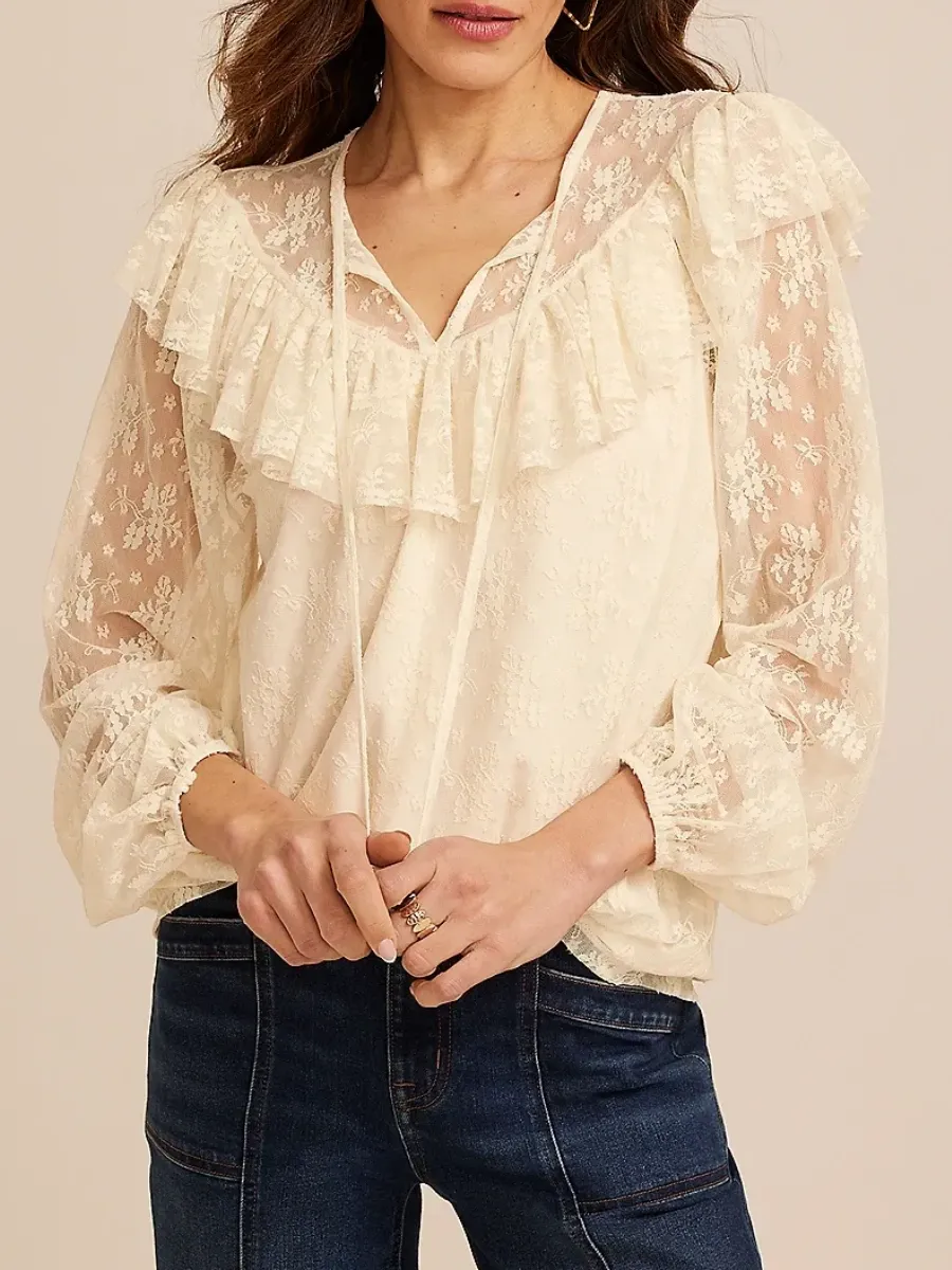 Sheer Lace Puff Sleeve Blouse