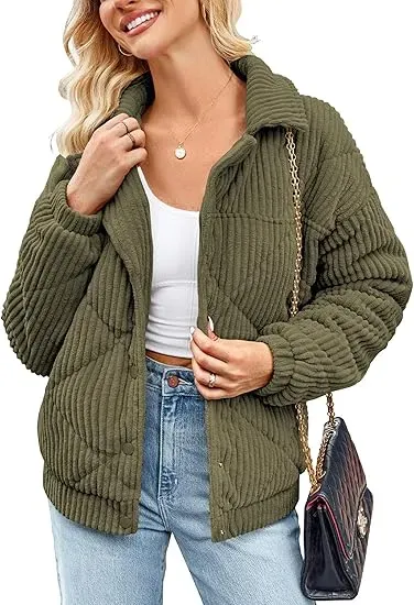 Women's Bomber Jacket Corduroy Ribbed Quilted Zip Up Long Sleeve Winter Coat