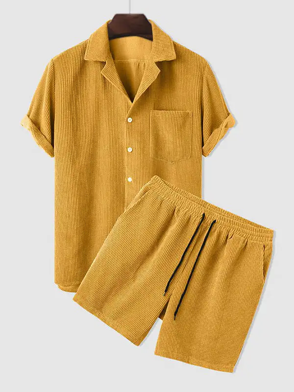 Men'S Retro Corduroy Casual Lapel Solid Button Short Sleeve Shirt Shorts Set