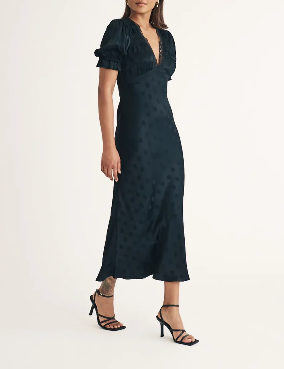 Black Polka Dot Jacquard Angela Midi Dress
