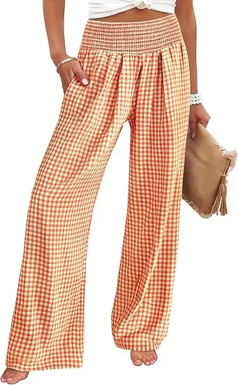Women's High Waisted Plaid Wide Leg Pants - Lounge Pajama with Pockets