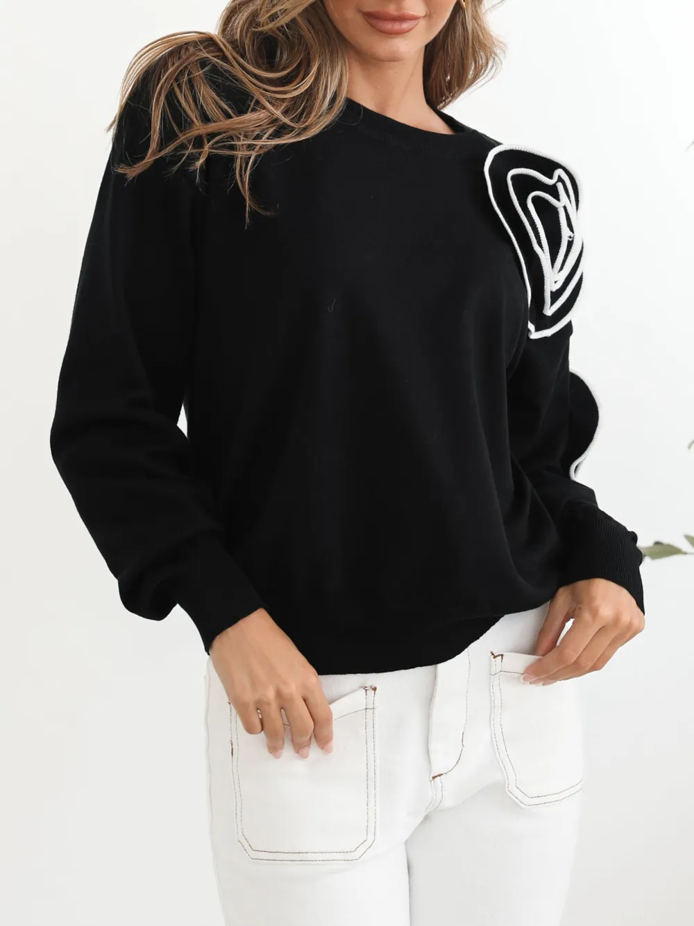 Black Multi Casual Style Crew Neck Knit
