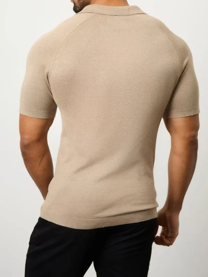 Textured Open Collar Knitted Soft Simple Stone Polo Shirt